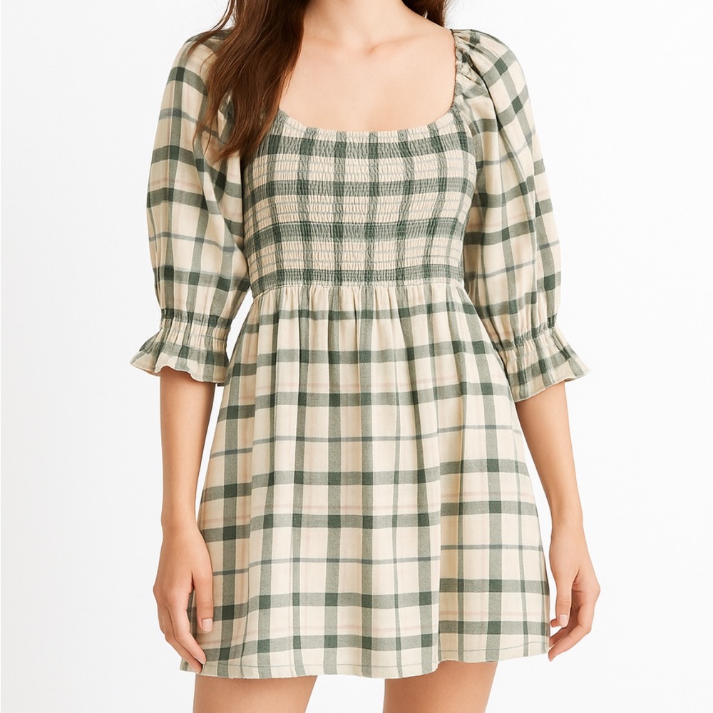 Madewell Dress XS Plaid Smocked Mini Puff Sleeve Cottagecore Academia Preppy BTS
